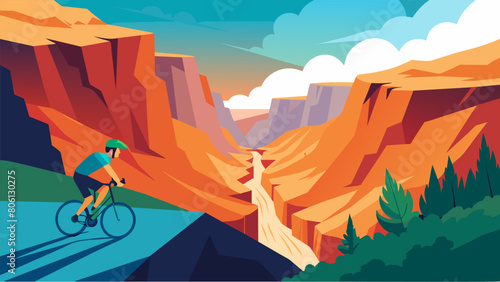 Riding on a spin bike while taking in the sights of a majestic canyon complete with soaring cliffs and rushing waterfalls.. Vector illustration