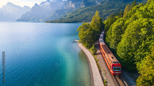 [Generative AI]Alpine sightseeing train running around the lake 