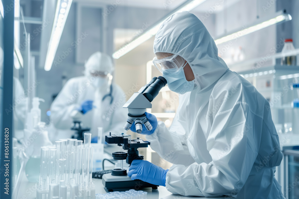 A scientist in protective gear is working with test tubes and microscopes at the laboratory. Shallow depth of field A scientist in protective gear is working with test tubes and microscopes at the laboratory. Shallow depth of field