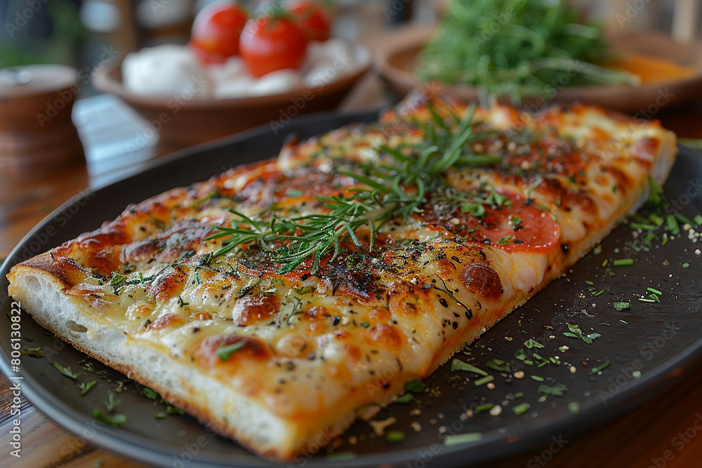A slice of pizza, covered in a blanket of melted cheese and dotted with fragrant herbs.