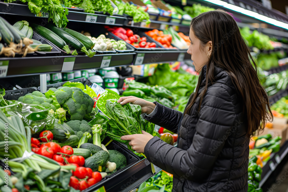 A woman chooses vegetables at a supermarket. Shallow depth of field A woman chooses vegetables at a supermarket. Shallow depth of field