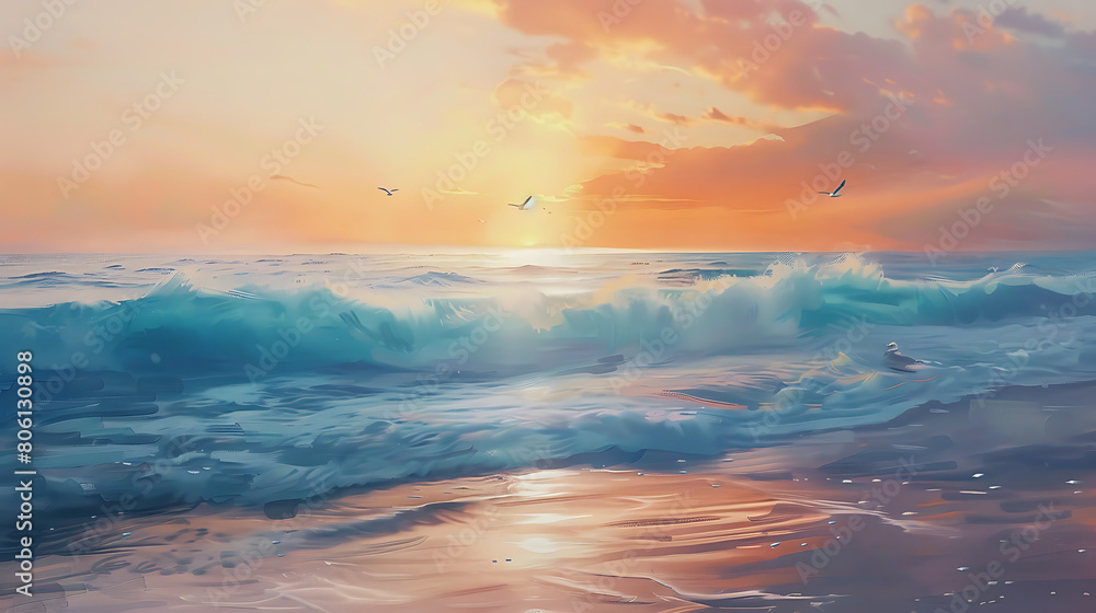 Oil painting of sea at sunset
