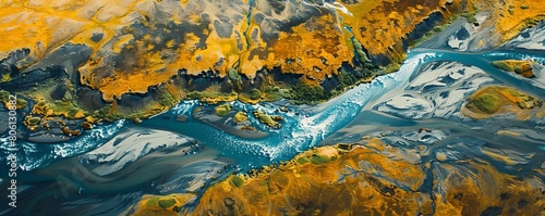 Aerial view of Kirkjubaejarklaustur with volcanic river stream, Southern Region, Iceland. photo