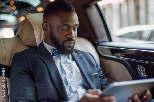 African american businessman in suit using tablet while traveling in luxurious limousine. Shallow depth of field © Mikhail