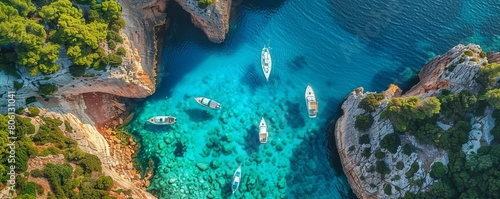 Aerial view of boats moored in a tranquil cove with turquoise water and reflections, Primorje-Gorski Kotar, Croatia. photo