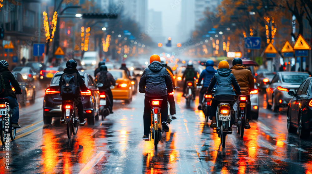 Cyclists Commuting in City at Twilight.
