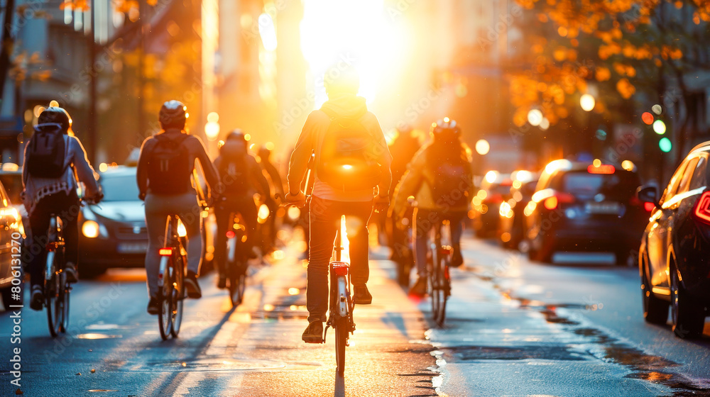 Cyclists Commuting in City at Twilight.