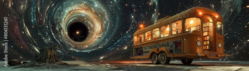 Bookmobile at the edge of a black hole, offering lastchance reads to daring explorers photo