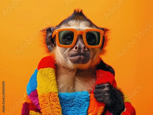 Wacky capuchin monkey wearing oversized sunglasses and a multicolor patchwork jacket, isolated on a vivid orange background,