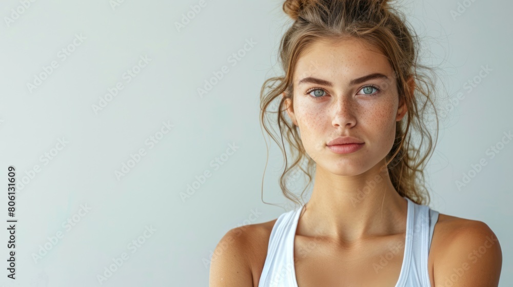 A concentrated female player poses against a pristine white background. It shows her commitment to the game. A concentrated female player poses against a pristine white background. It shows her commitment to the game.