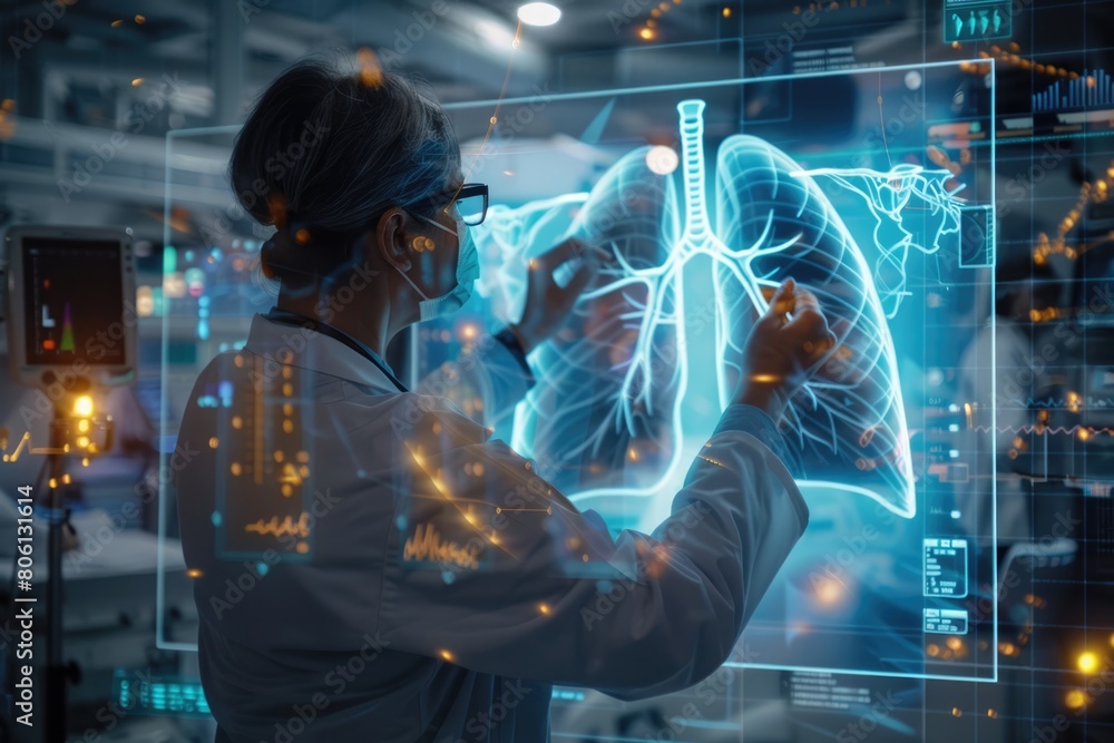 Conceptual image of a doctor analyzing an Xray of human lungs, standing in front of a digital display in a modern hospital, Conceptual image of a doctor analyzing an Xray of human lungs, standing in front of a digital display in a modern hospital,