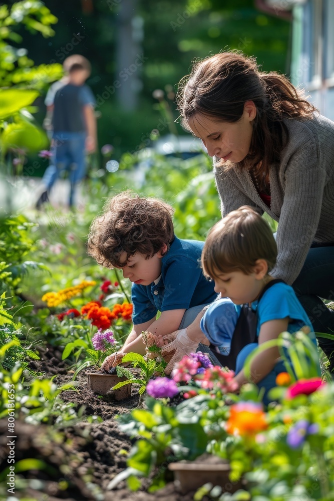 Mother and children planting flowers in the garden Mother and children planting flowers in the garden