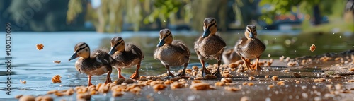 A group of ducklings frantically chasing after breadcrumbs on a lakeside in slow motion, during a bright summer afternoon photo