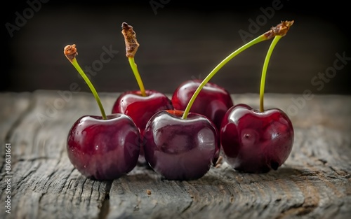 Dark red cherries on gray wooden background, photo, best selling, viral, trending