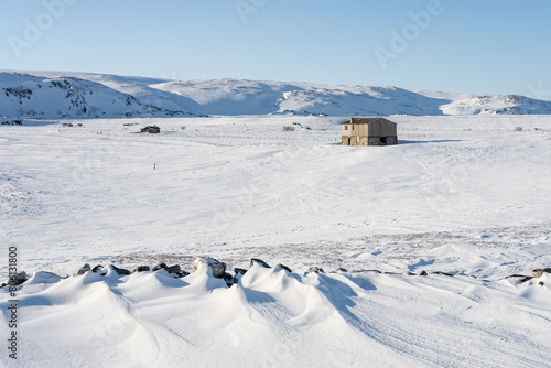 An abandoned old house on an arctic treeless uplands on a bright winter day, Berlevåg, Northern Norway