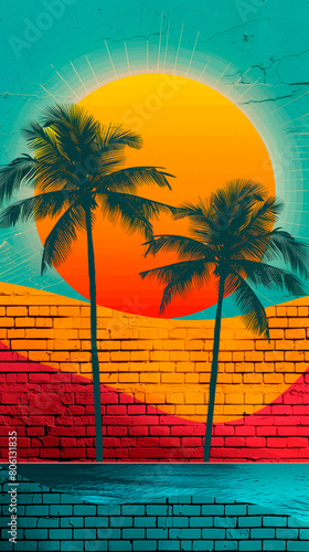 background Summer abstract illustration with sun and palm trees featuring complementary colors and a contrast of sky blue  red  and yellow