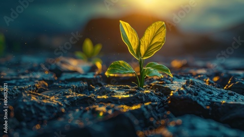 Bright green saplings sprouted through the cracked and cracked earth. It offers a glimmer of hope for a sustainable, environmentally conscious future amidst environmental challenges. photo