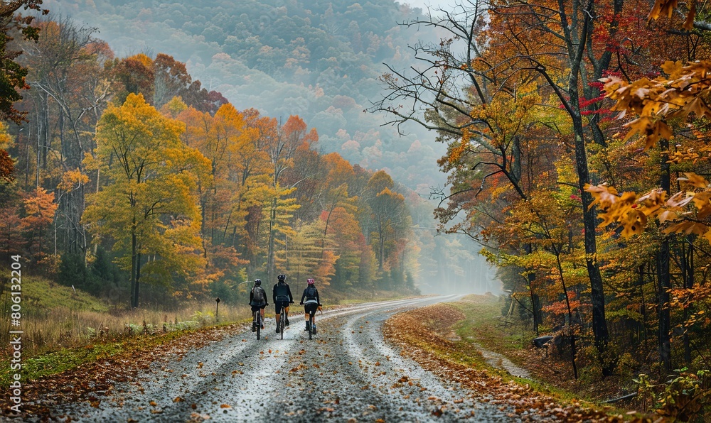 Obraz premium A couple gravel biking near Blue Ridge Parkway in autumn, Pisgah North Carolina