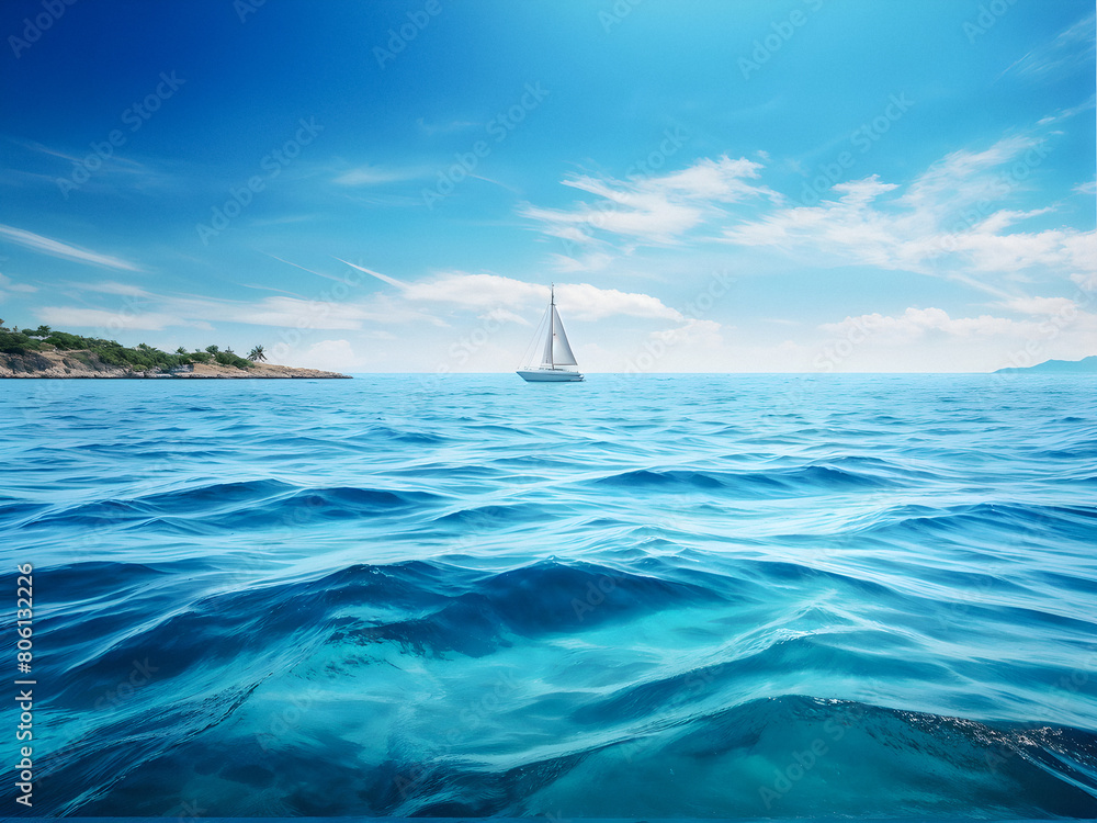 Boundless Blue: Yacht Sails Towards the Horizon on a Spacious Sea. Azure Dreamscape: Rich Blue Sea Meets Lighter Sky for a Serene Escape. generative AI