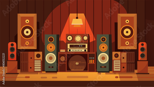 A woodpaneled study equipped with rare and vintage speakers from all around the world creating a surround sound experience. Vector illustration