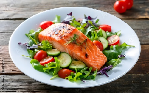 A mouthwatering photo of a hearty salmon fish salad meal, stock photos, life stock, viral, trending, best selling, ai generative