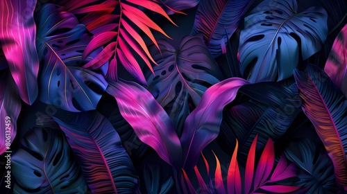 Tropical exotic seamless pattern with neon bright color banana leaves  palms on night dark background. Textured vintage 3D illustration.