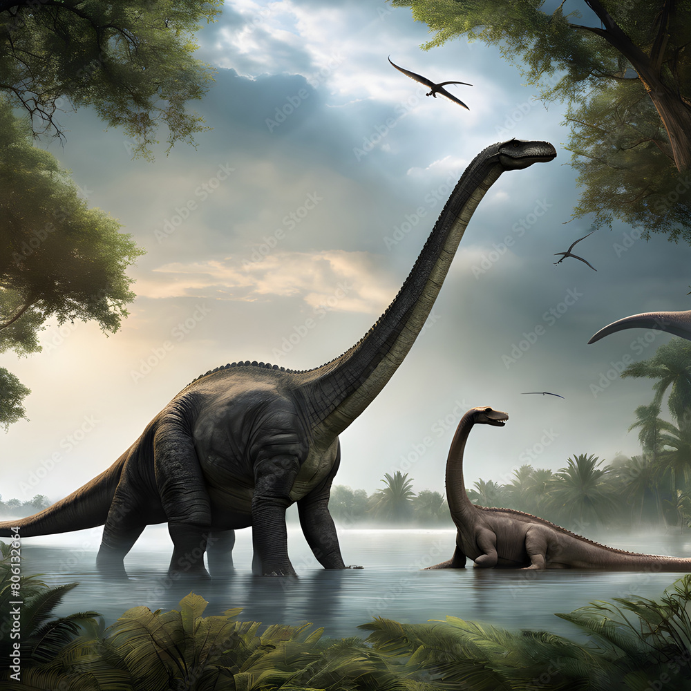 Fototapeta premium Watercolor and painting dinosaur in wildlife animal illustration