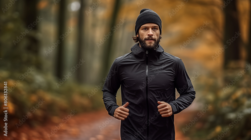 A young male jogger runs along a forest path surrounded by fall foliage, wearing a black jacket and beanie.
A young male jogger runs along a forest path surrounded by fall foliage, wearing a black jacket and beanie.
