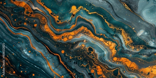 Luxurious Marbling Background. Paint Swirls in Beautiful Teal and Orange colors  with Gold Powder.