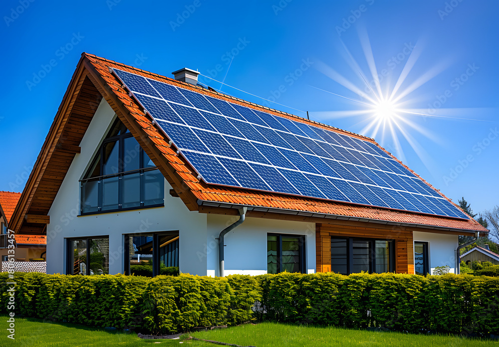 Fototapeta premium Energy Subsidies Boosting Clean Energy: Solar Panels on an Efficient Home