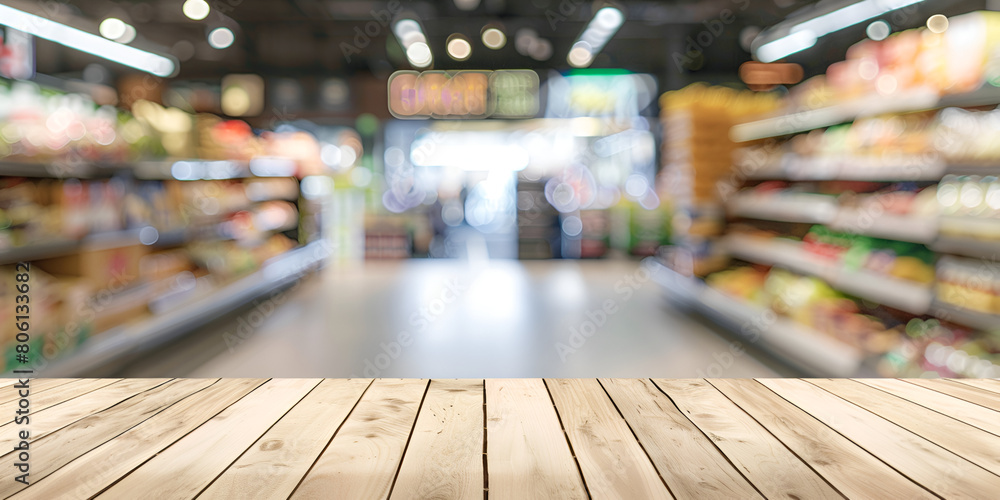 Fototapeta premium Empty wooden table with supermarket aisle with refrigerators blurred background