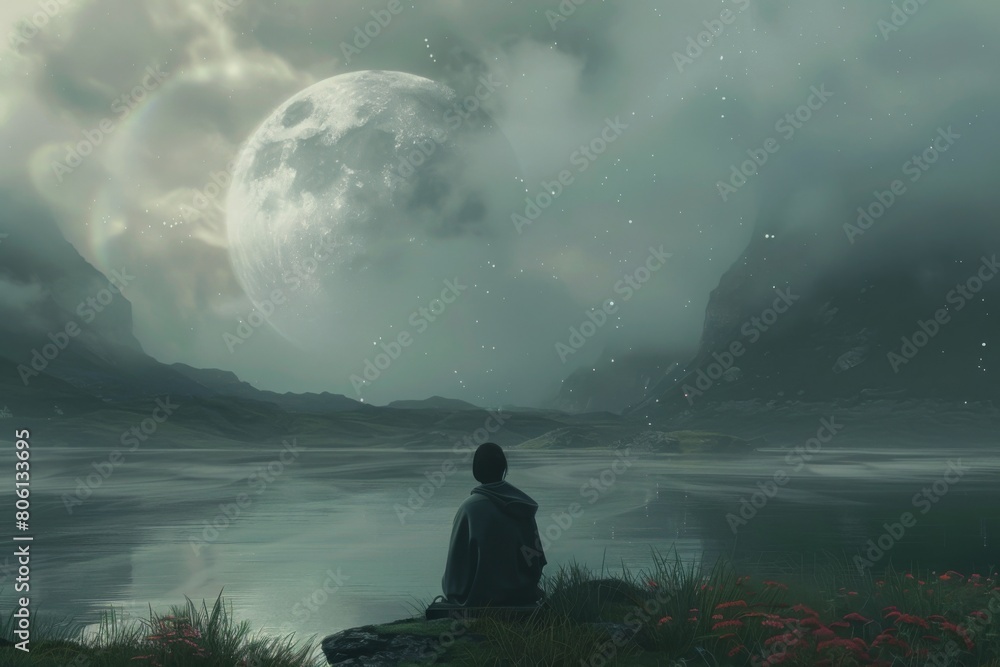 Obraz premium A person is sitting on a rock by a lake, looking up at the moon