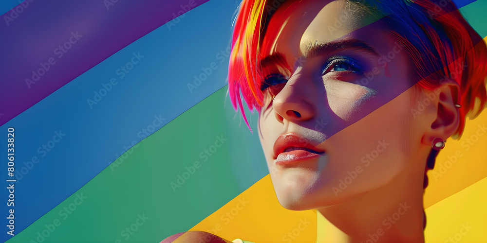 Fototapeta premium Portrait of a confident individual with rainbow hair symbolizing LGBTQ+ pride and diversity, potentially for Pride Month events.