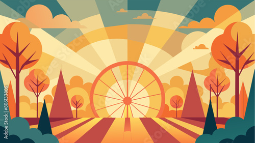 Sunlight danced through the trees casting a warm glow over the bustling fairground. Vector illustration