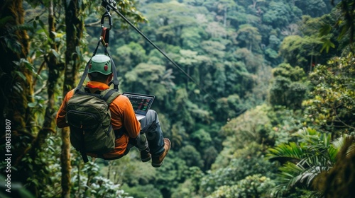 Nomad trading stocks online while ziplining through a dense Costa Rican rainforest, laptop in tow