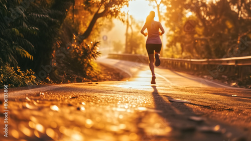 A female jogger enjoys an early morning run on a wet road, illuminated by golden sunrise light, surrounded by lush foliage. 