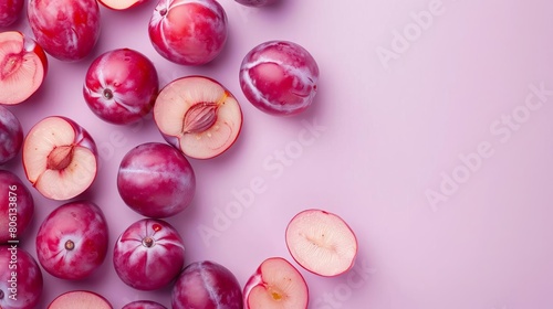 Plum pieces softly landing on a muted mauve pastel background, creating a calm scene