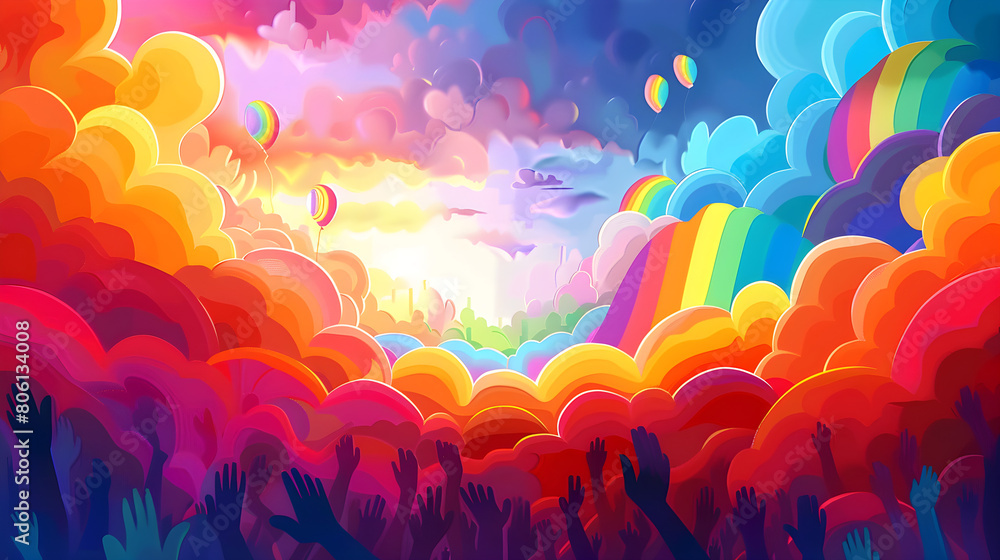Fototapeta premium A vibrant and colorful illustration celebrating Pride Month with rainbow motifs symbolizing LGBTQ+ inclusivity.