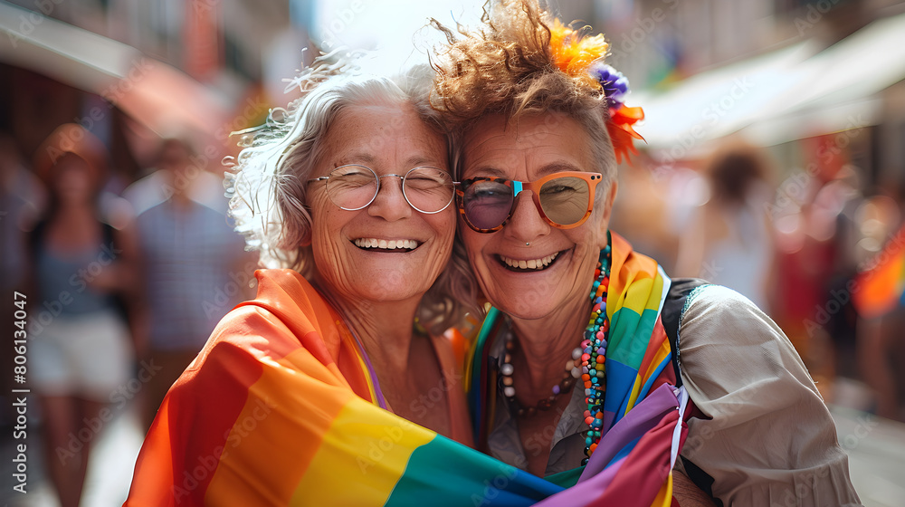 A cheerful older lesbian couple embracing at a pride parade, symbolizing love and LGBTQ+ equality.