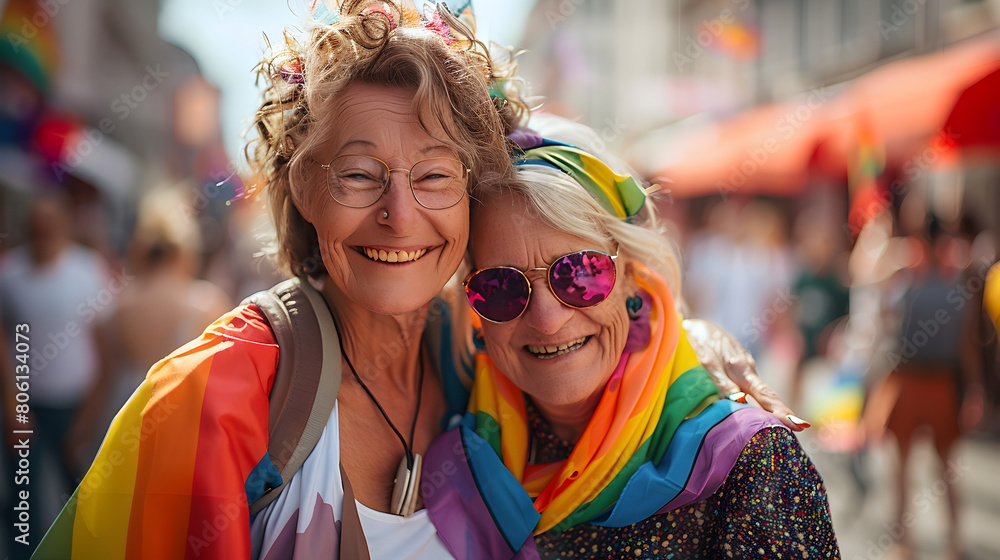 Two older women hugging joyfully at an LGBT pride parade, expressing love and happiness, embodying diversity and acceptance.