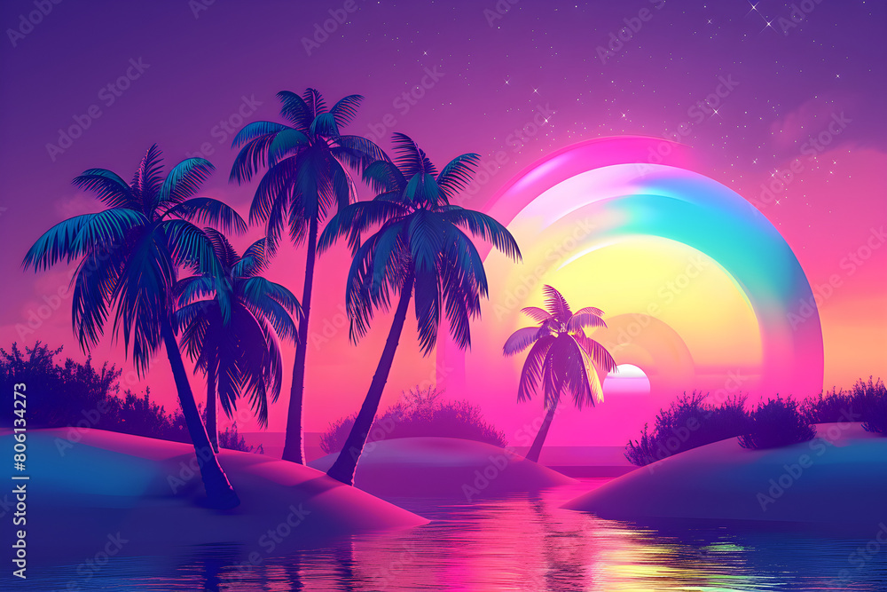 Retro-futuristic 80s vaporwave scene with palm trees, neon colors, and tropical sunset, ideal for music backgrounds or summer wallpapers.