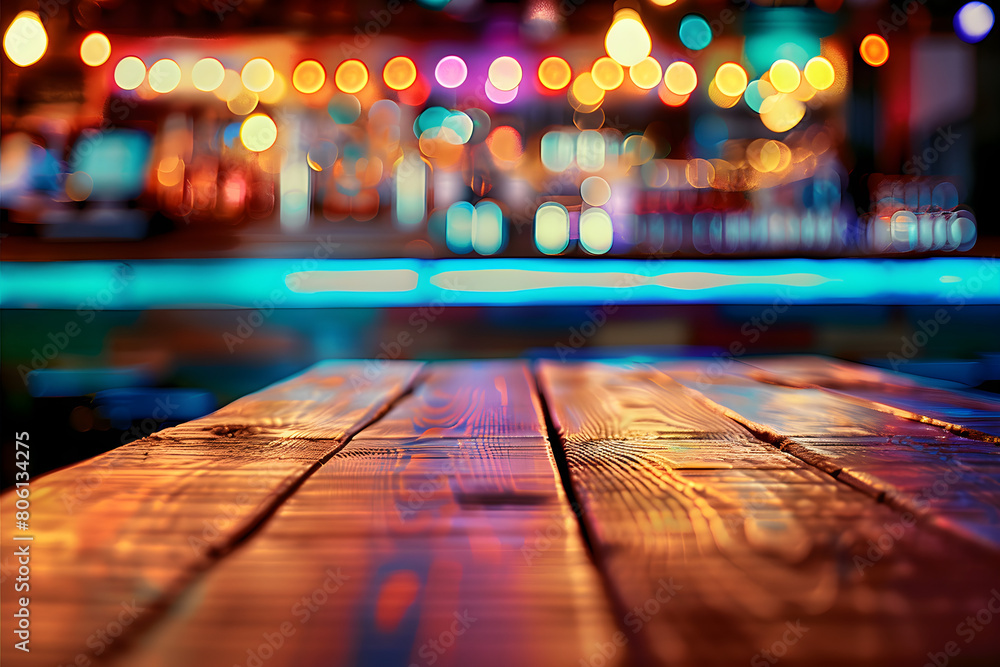 A vibrant indoor scene with an empty wooden table and a blurred bar backdrop featuring colorful bokeh lights, symbolizing LGBT pride. A vibrant indoor scene with an empty wooden table and a blurred bar backdrop featuring colorful bokeh lights, symbolizing LGBT pride.