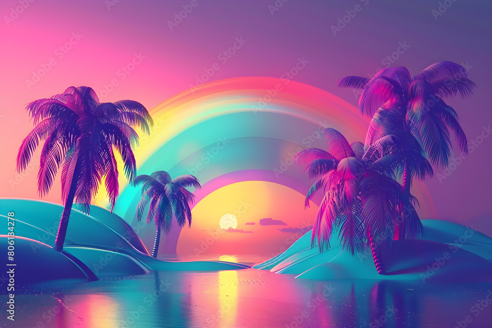 Vibrant retro-style vaporwave landscape with neon-hued palm trees against a tropical sunset, ideal for trendy designs and nostalgic themes.