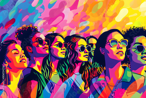 A vibrant pop art illustration celebrating diversity and pride with jubilant women in sunglasses.