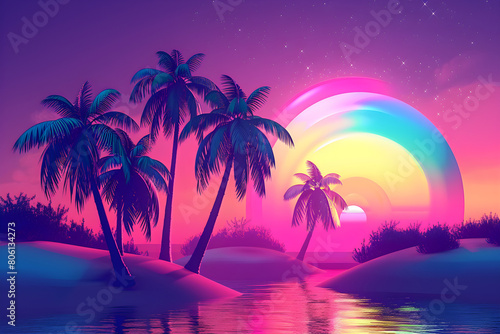 Retro-futuristic 80s vaporwave scene with palm trees, neon colors, and tropical sunset, ideal for music backgrounds or summer wallpapers. © Arma