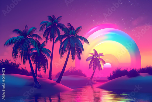 Retro-futuristic 80s vaporwave scene with palm trees, neon colors, and tropical sunset, ideal for music backgrounds or summer wallpapers.
