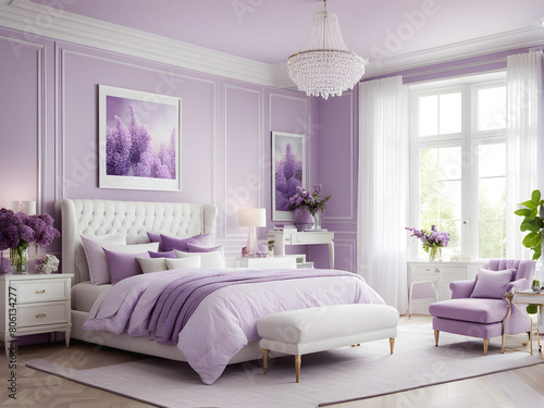 A Touch of Romance  Lilac Hues and White Elegance Create a Charming Retreat. A Lilac Oasis with Furniture for Relaxation. generative AI