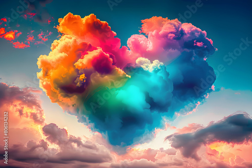 A colorful heart-shaped cloud in a surreal sunset sky, ideal for Valentine's Day, romance themes, and LGBTQ pride. © Arma