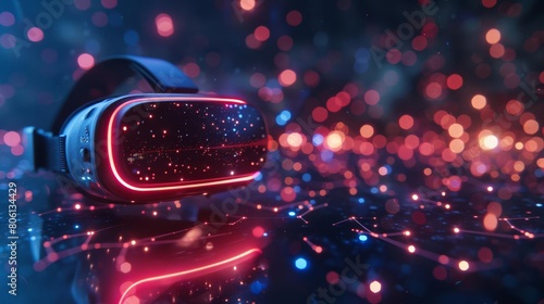 Virtual reality headset glowing as it activates, the background softly blurred with digital constellations photo