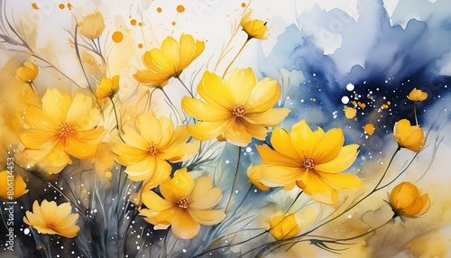 Yellow cosmos flowers image mix with painted watercolor on paper